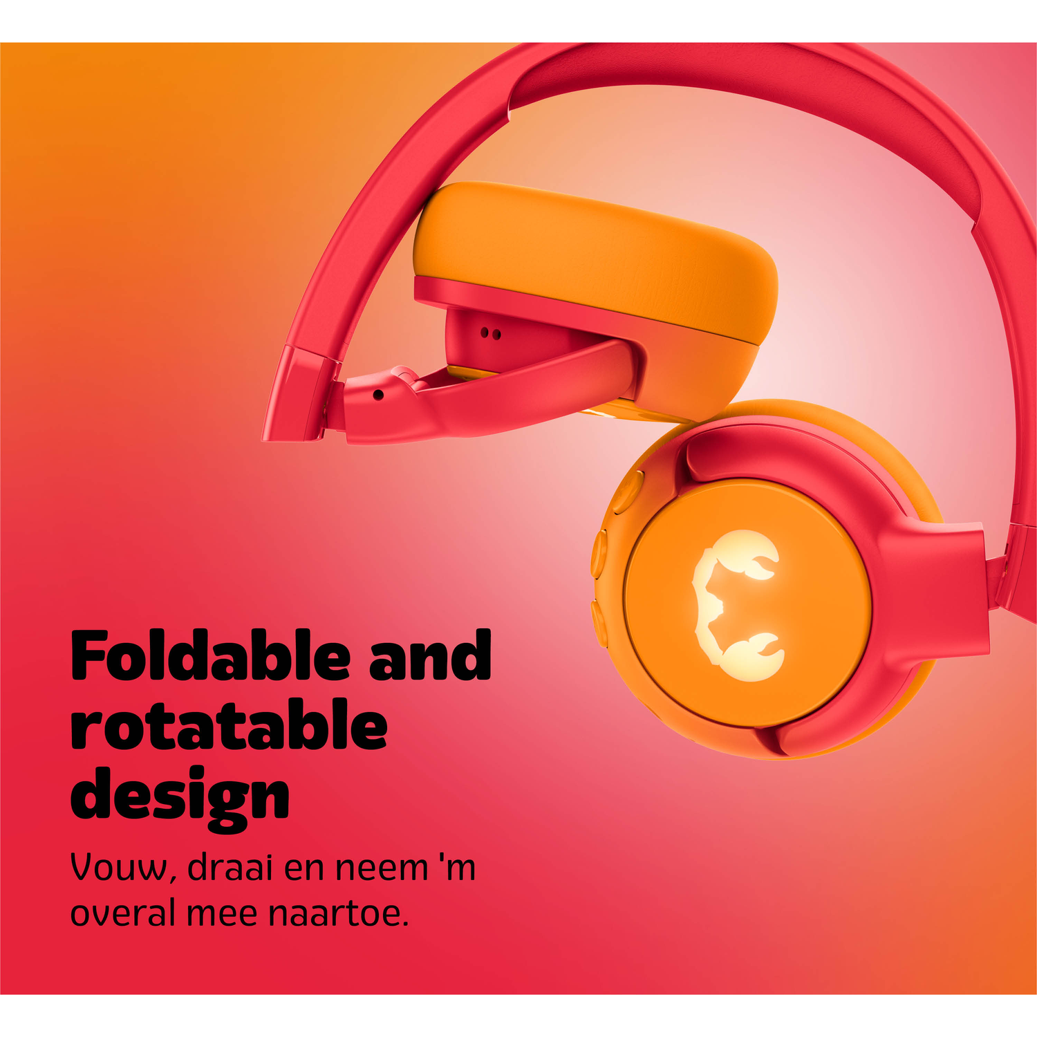 Red and orange headphones with a foldable design. The earcups are orange with a symbol. Text says 'Foldable and rotatable design'.