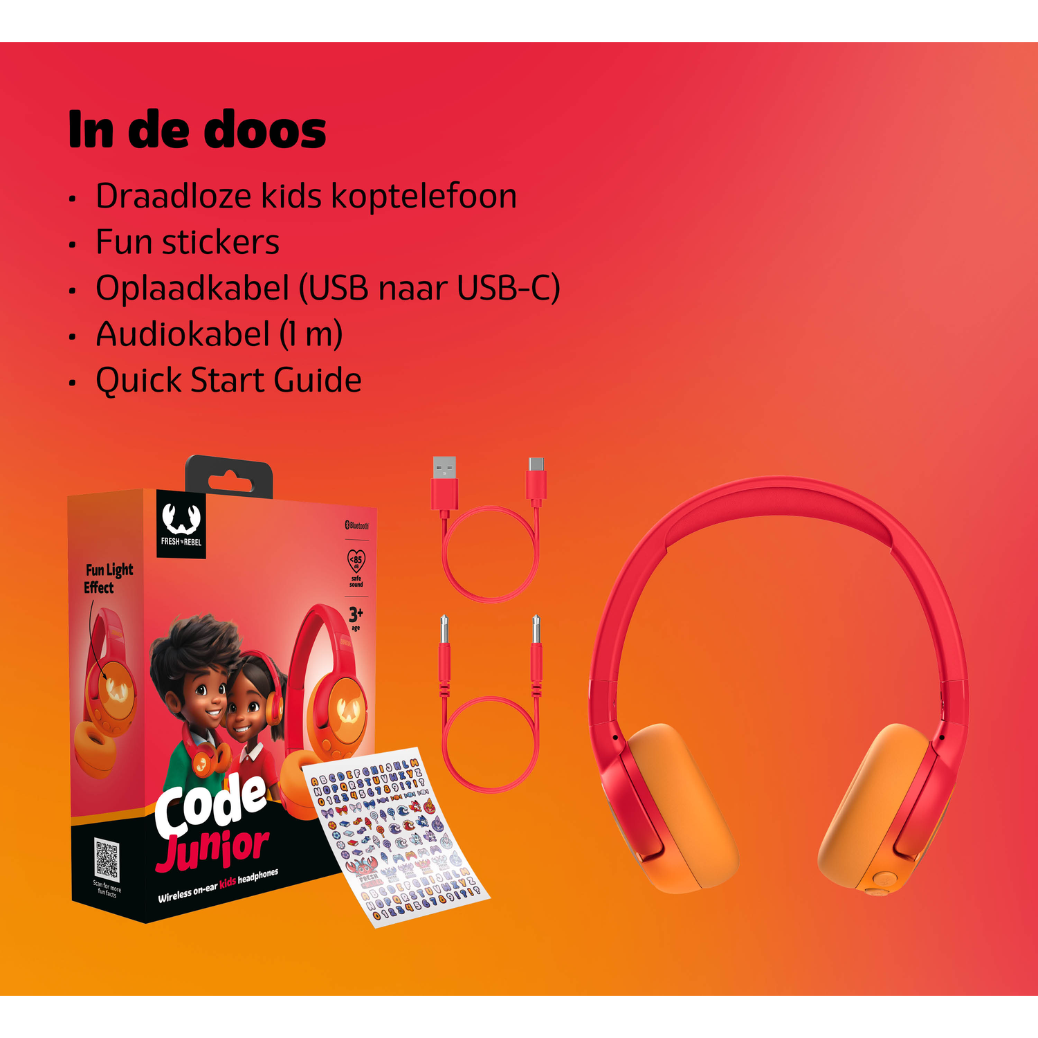 Image shows red and orange kids headphones, cables, stickers, and a box with a cartoon of two kids wearing headphones.