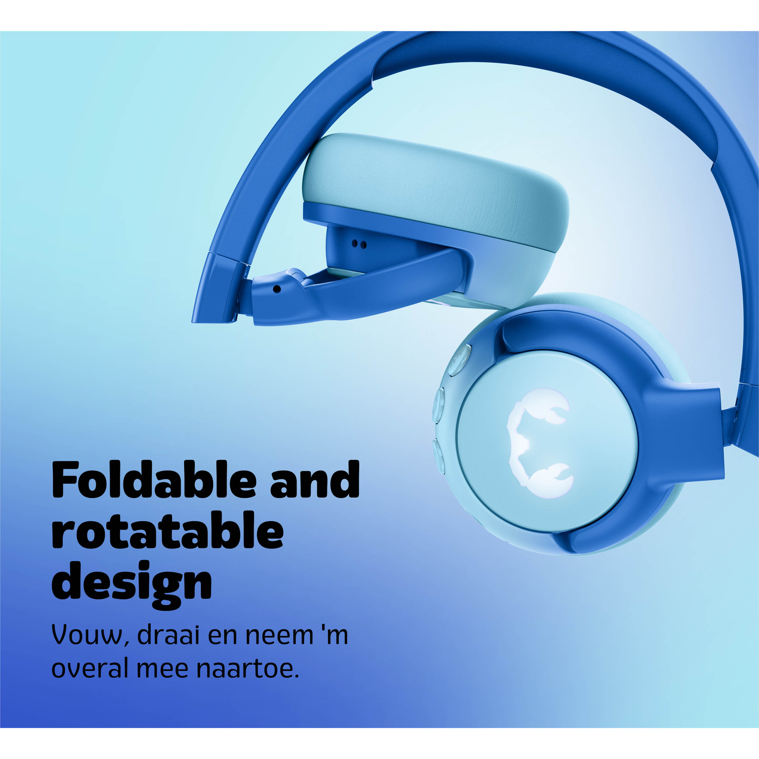 Blue and light blue foldable headphones, with a white logo, are displayed against a gradient blue background.