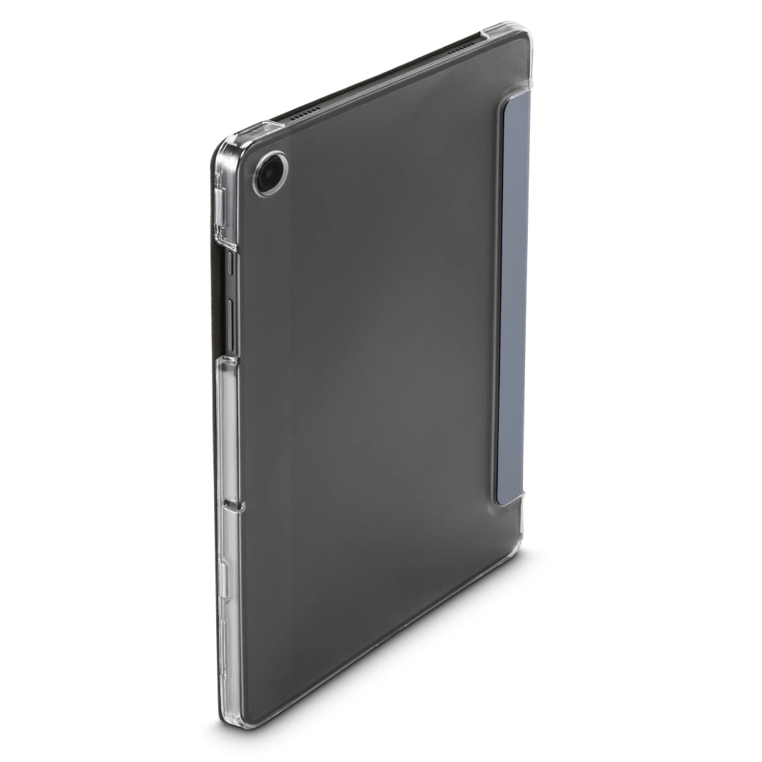 Ein Tablet in einer dunkelgrauen Hülle mit transparentem Rahmen und einem blauen Streifen an der Seite, isoliert auf weißem Hintergrund.