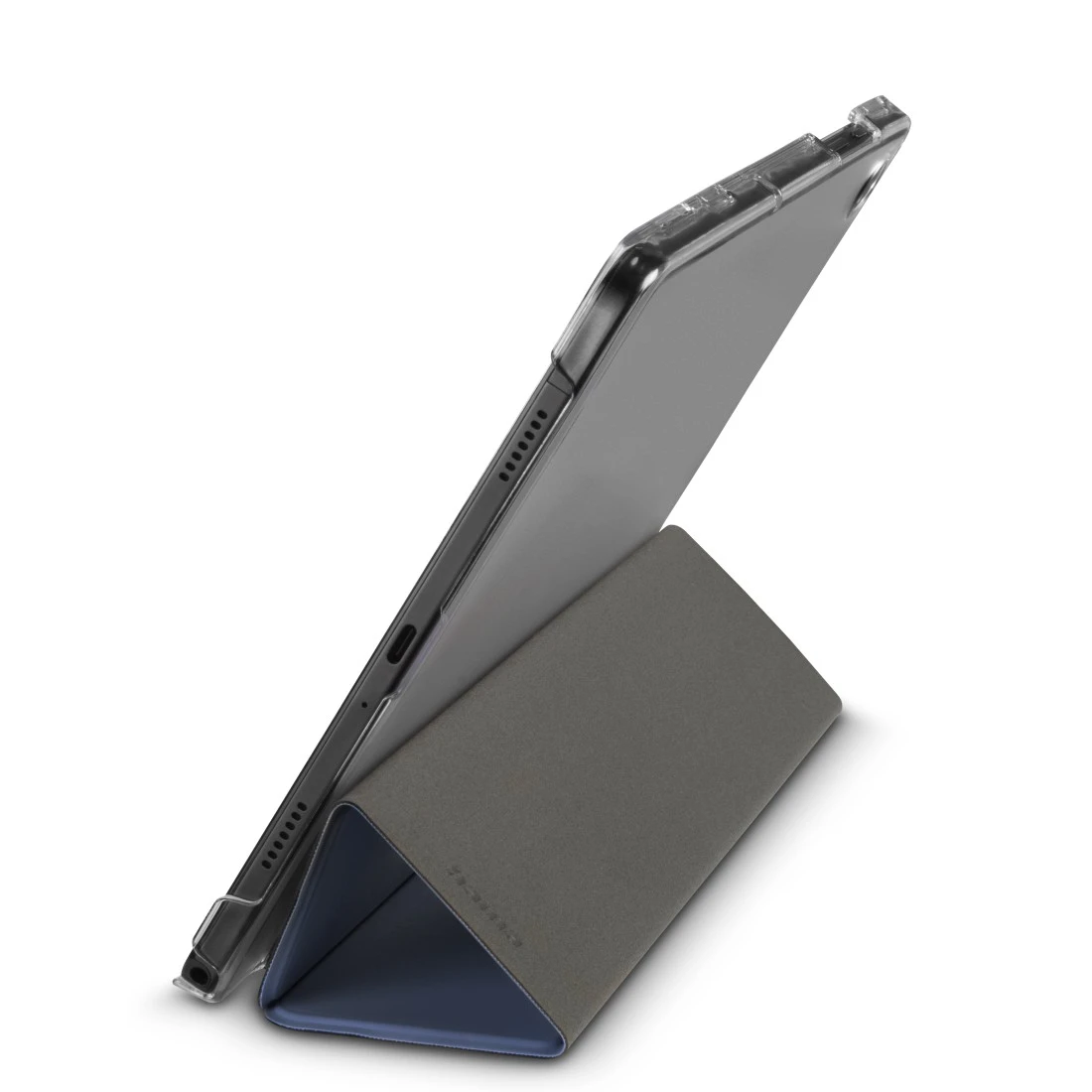 Tablet in einem grauen Gehäuse, in einem Winkel abgestützt. Das Gehäuse ist zu einem dreieckigen Ständer gefaltet. Die Innenseite ist blau, mit weißem Hintergrund.
