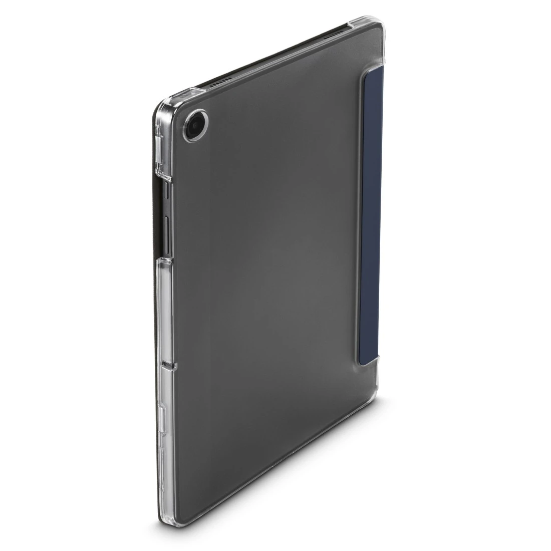 Tablet in einer durchsichtigen Hülle. Das Tablet ist dunkelgrau, mit einem blauen Streifen an der Seite. Die Hülle ist klar, der Hintergrund ist weiß.