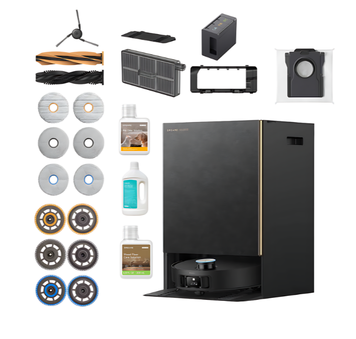 Zdjęcie przedstawia części robota odkurzającego i czarną podstawę odkurzacza. Pokazano również różne akcesoria do czyszczenia i środki czyszczące.