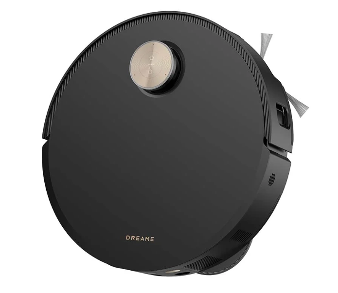 Czarny i złoty robot sprzątający Dreame. Ma okrągły kształt ze złotym przyciskiem na górze i szczotkami z boku.