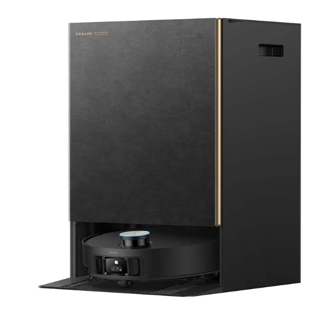 Czarny robot odkurzający wewnątrz czarnej stacji ładującej. Stacja ma złoty akcent i logo Dreame.