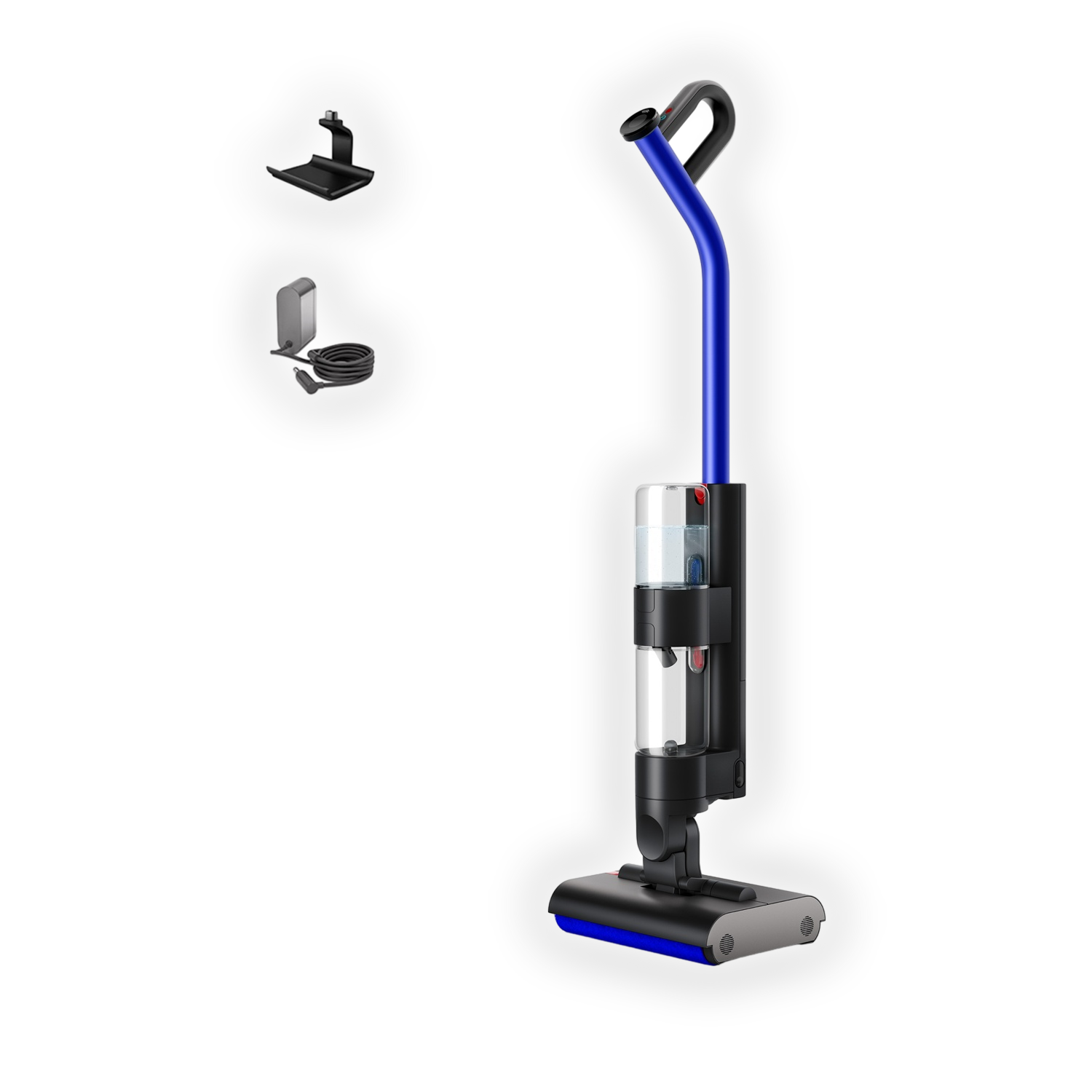 Un aspirapolvere senza fili nero e blu con accessori su sfondo nero. Il pulitore ha un'impugnatura blu e una spazzola.