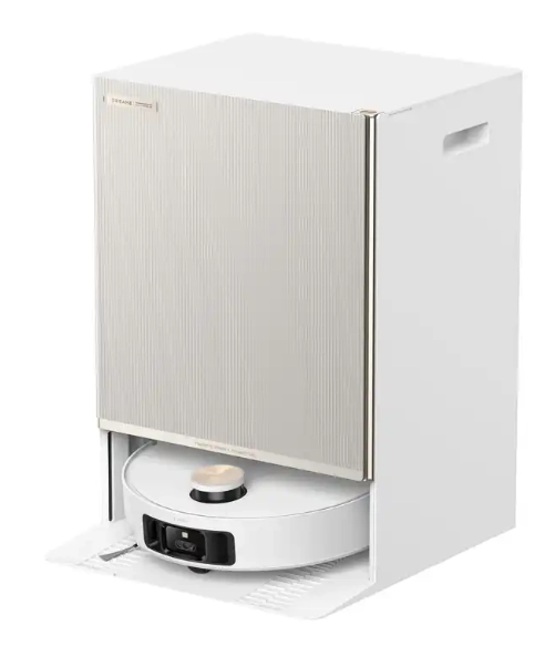 Biały i beżowy odkurzacz automatyczny ze stacją ładującą. Odkurzacz jest okrągły, a stacja prostokątna.