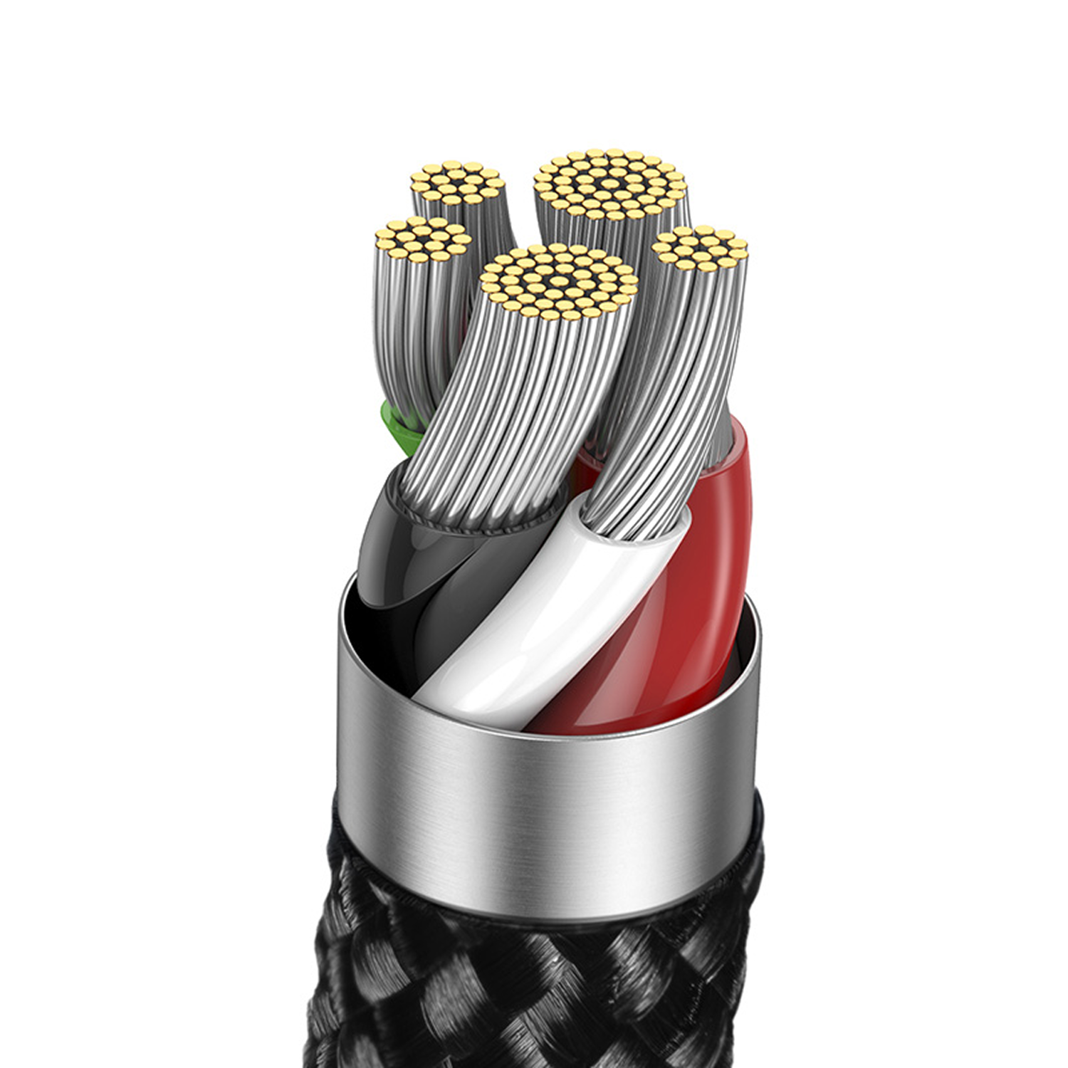 Sección transversal de un cable. Varios cables de diferentes colores (rojo, blanco, negro, verde) son visibles. Detalles plateados y dorados.