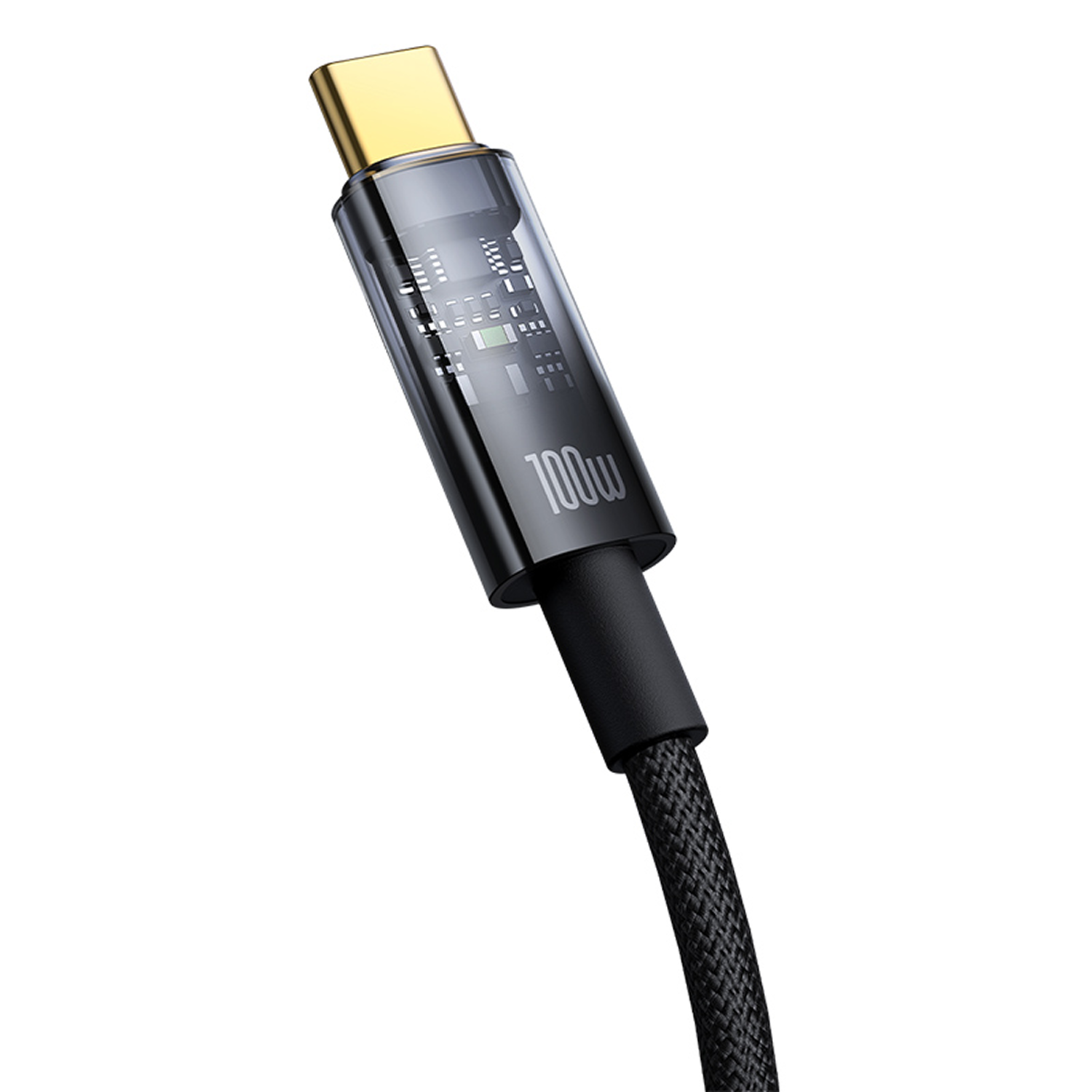 Primer plano de un cable USB-C negro con un conector dorado. El cable está etiquetado como '100w' y tiene una textura tejida.