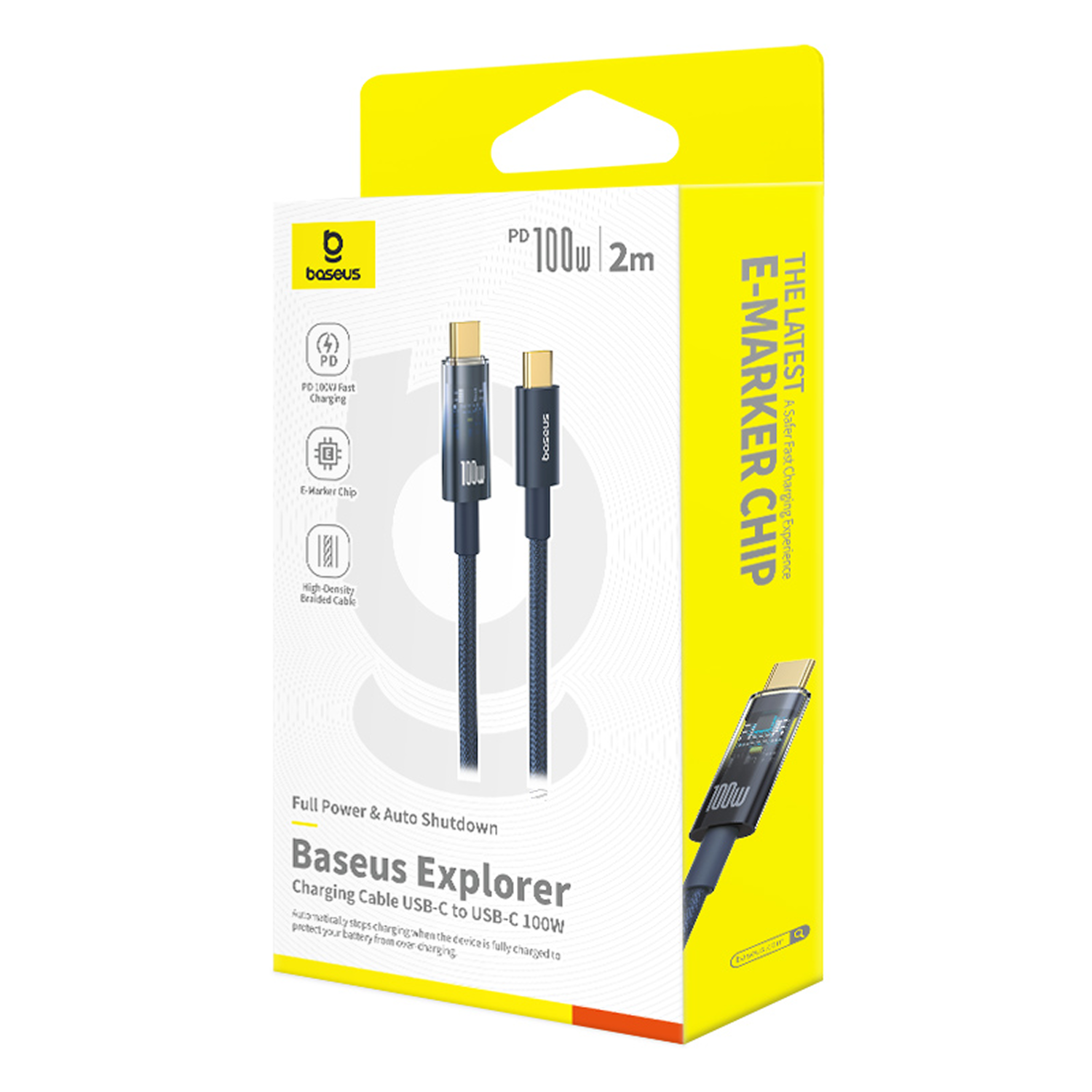 Caja de cable de carga Baseus Explorer. Características: carga rápida, chip E-marker y cable trenzado de alta densidad. Cable USB-C a USB-C de 100 W.