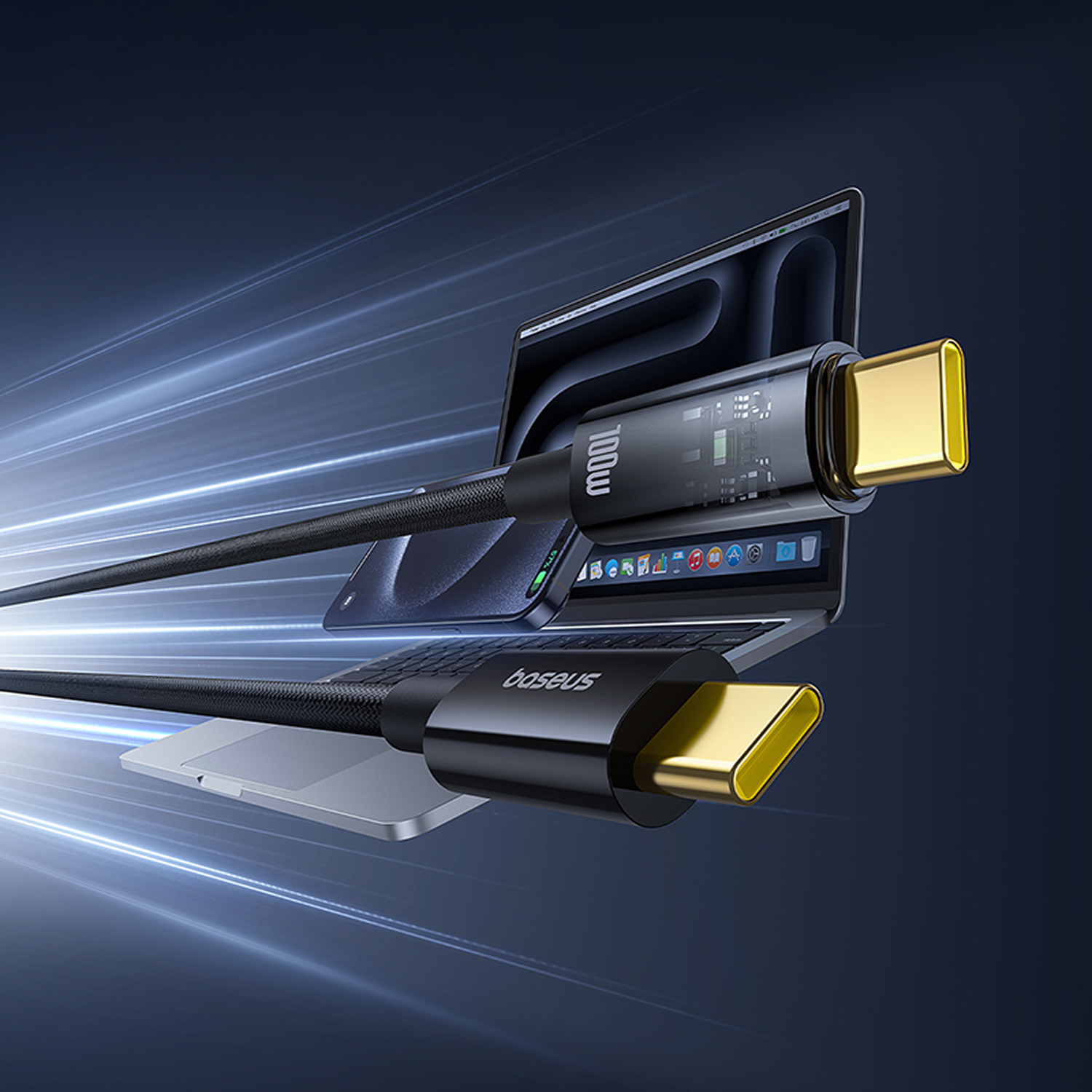 Un cable USB-C negro está conectado a una computadora portátil. El cable tiene conectores dorados y se ve la marca 'Baseus'.