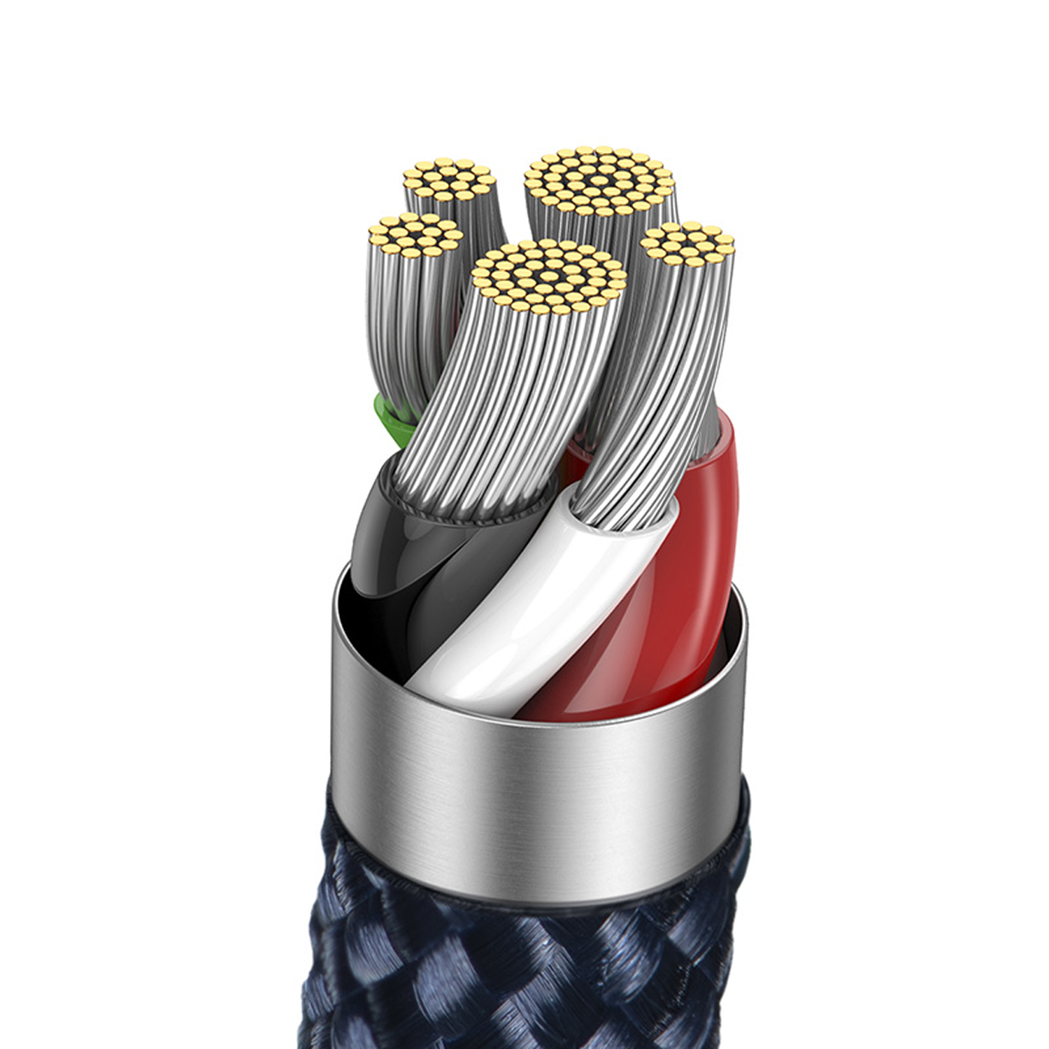 Corte transversal de un cable, mostrando cables internos con contactos dorados y aislamiento de color, encerrados en un cilindro metálico y una funda trenzada.
