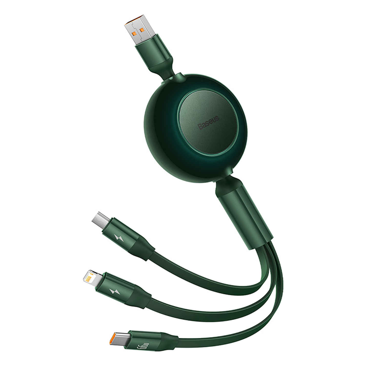Un cable de carga retráctil Baseus verde con conectores USB, USB-C y Lightning. El cable está sobre un fondo blanco.