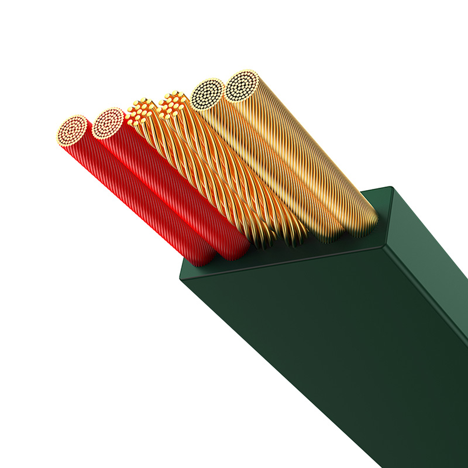 Primer plano de un cable de alimentación cortado. Cables rojos y dorados emergen de un bloque rectangular verde.