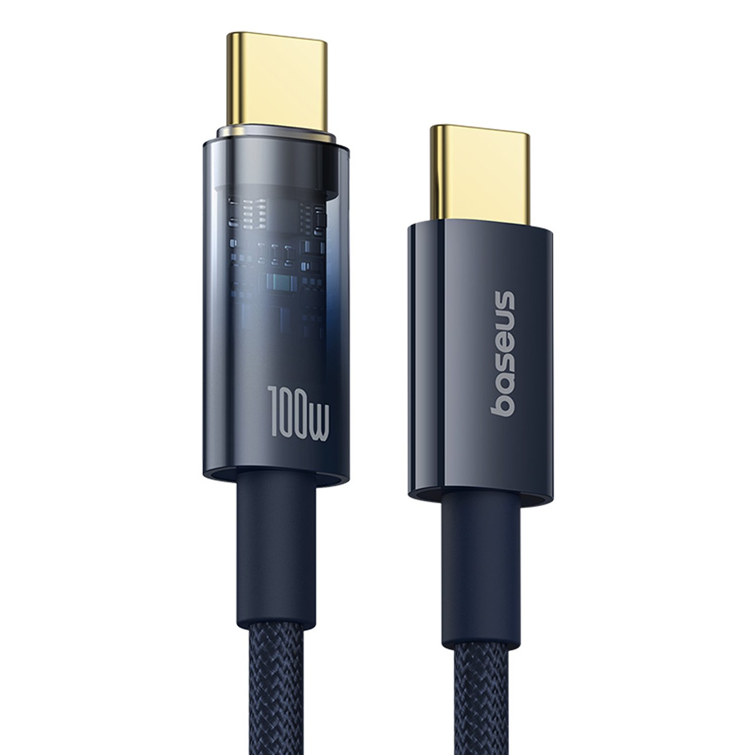 Dos cables USB-C sobre fondo blanco. Uno tiene "100w", el otro "baseus". Ambos tienen conectores dorados.