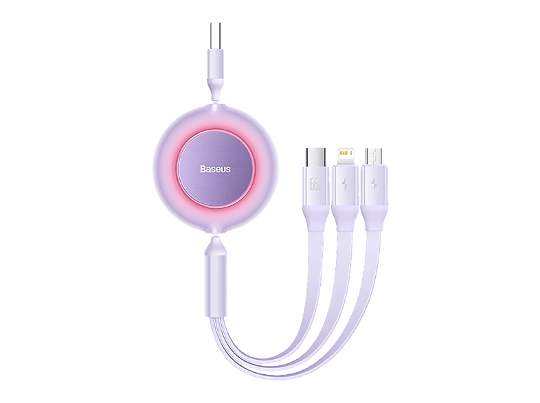 Cable USB - Baseus 3-en-1 Bright Mirror, retráctil 110 cm, Carga rápida multidispositivo, USB-Lightning-Tipo-C-Micro, 66W, Morado