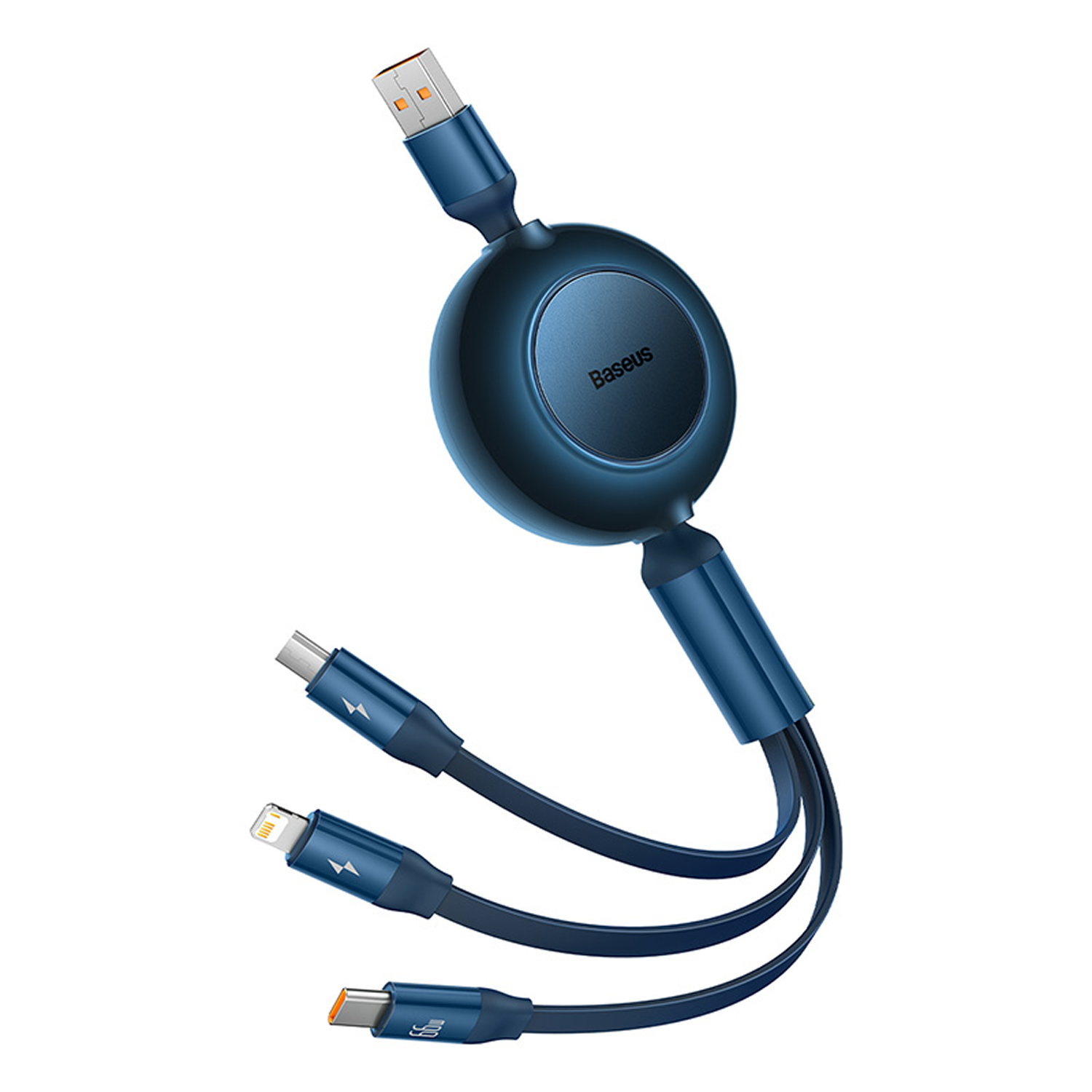 Cable de carga retráctil azul con conectores USB, Tipo-C y Lightning. El cable es de Baseus.