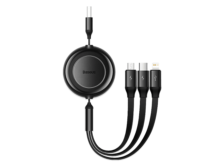 Cable USB - Baseus 3-en-1 Bright Mirror, retráctil 110 cm, Carga rápida multidispositivo, USB-Lightning-Tipo-C-Micro, 66W, Negro