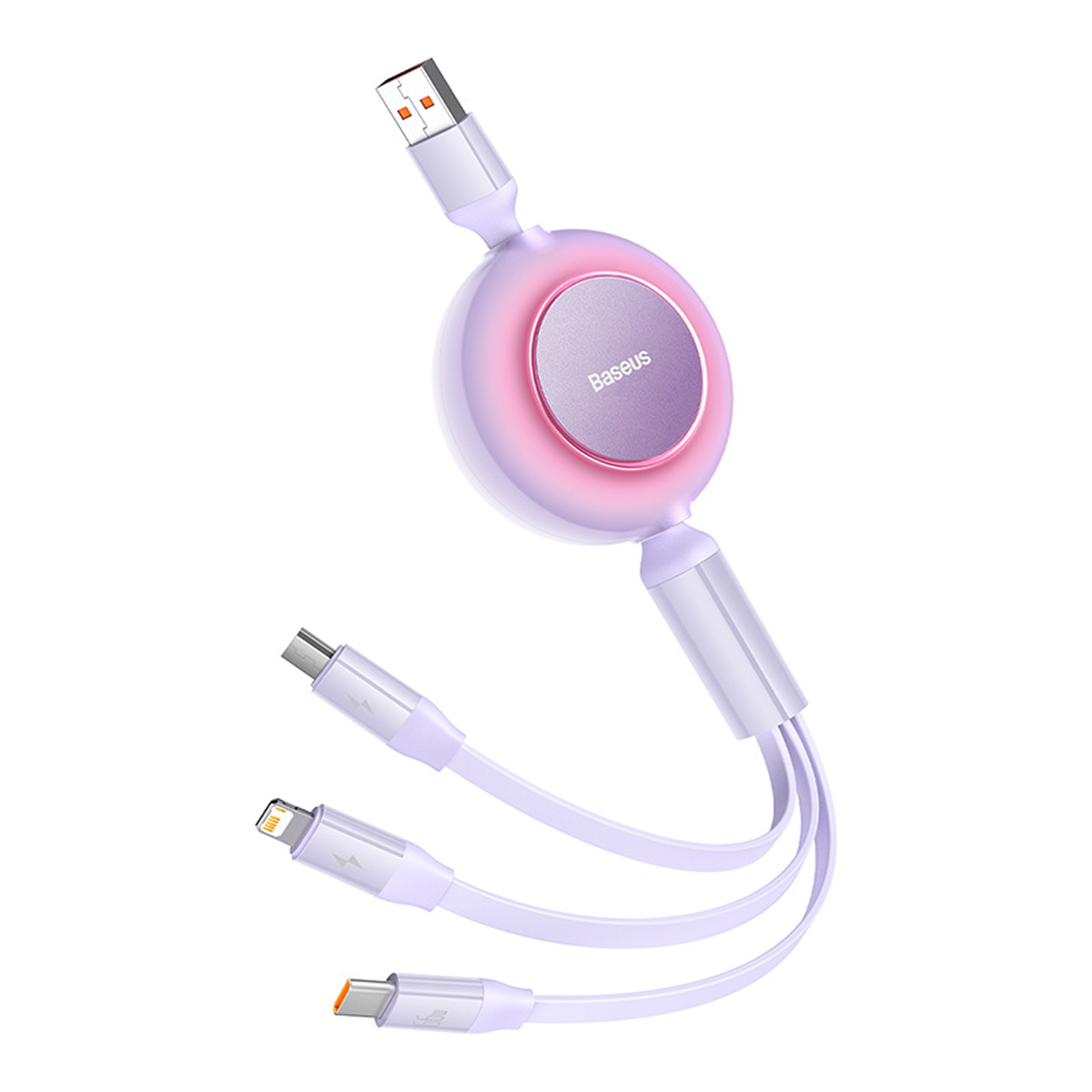 Un adaptador de cable múltiple Baseus blanco y morado. Tiene un conector USB, Lightning y USB-C. El centro es un disco morado con el logo Baseus.