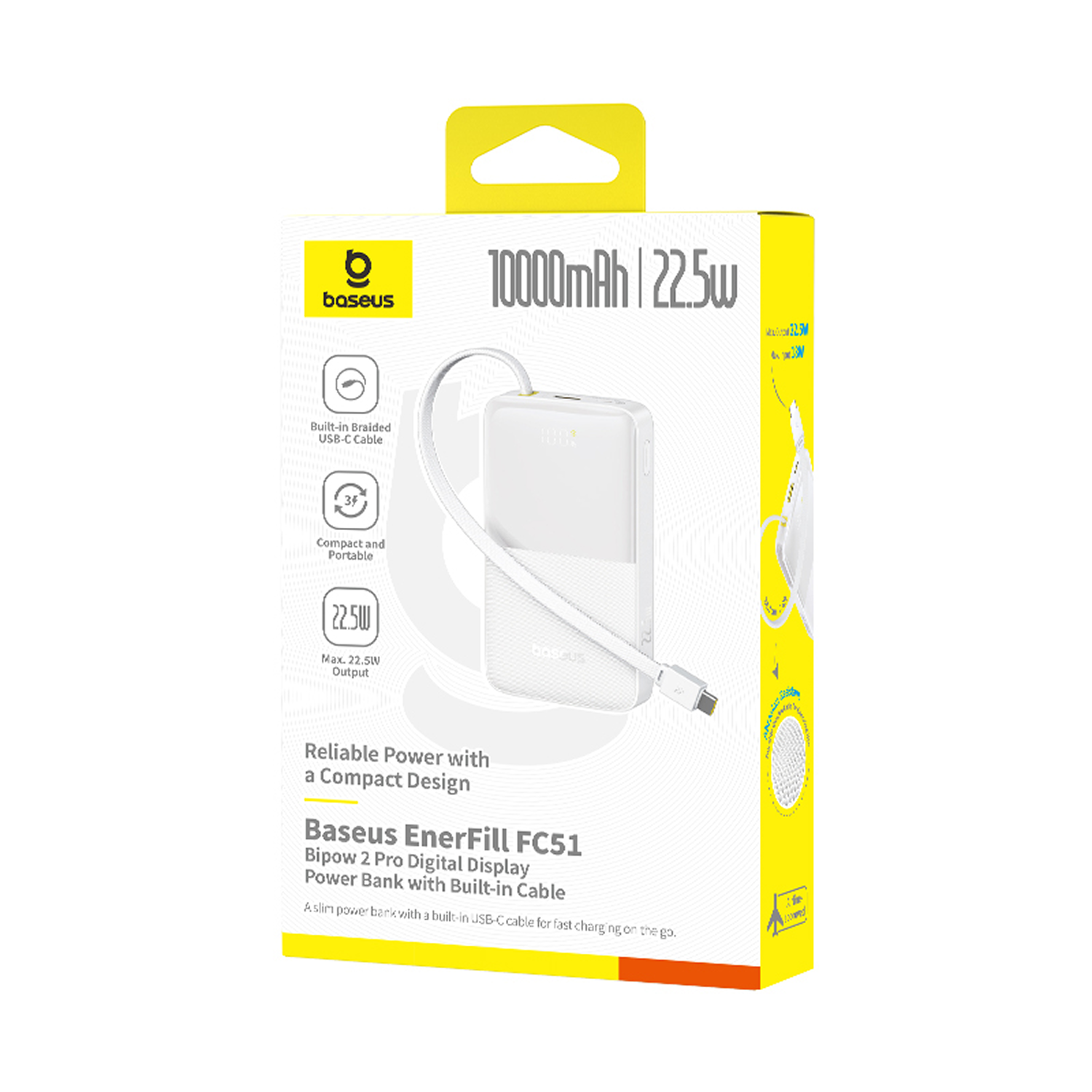 Una caja de batería externa Baseus EnerFill FC51. Es blanca y amarilla. La caja muestra características del producto y una batería blanca.