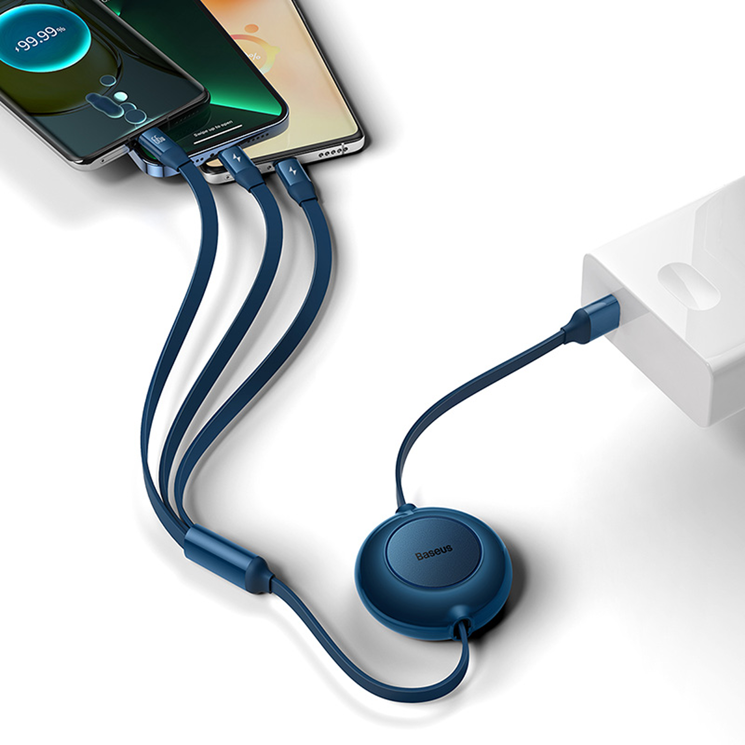 Teléfonos cargando con cables azules conectados a un banco de energía y un cargador circular. Los teléfonos muestran porcentajes de batería.