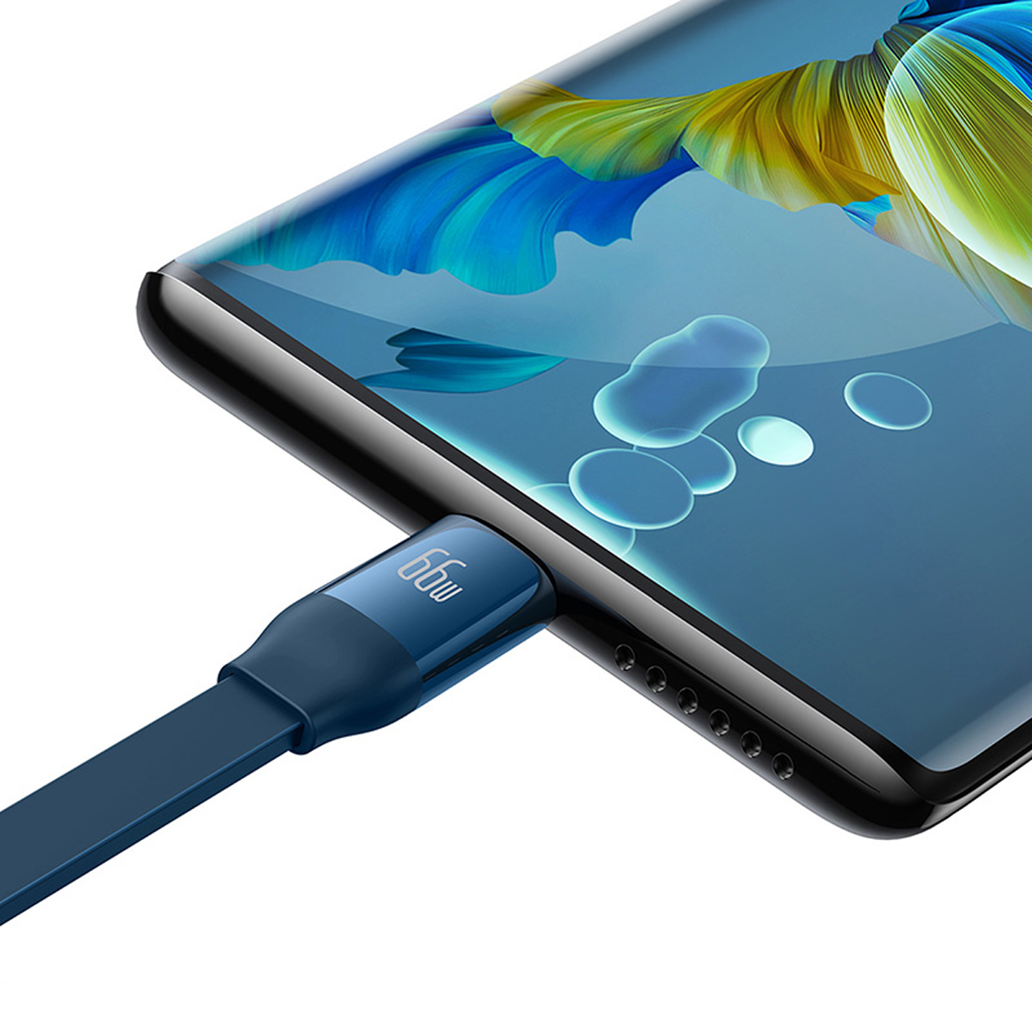 Un smartphone se está cargando con un cable azul. La pantalla muestra un diseño azul y amarillo. El cable muestra 66w.