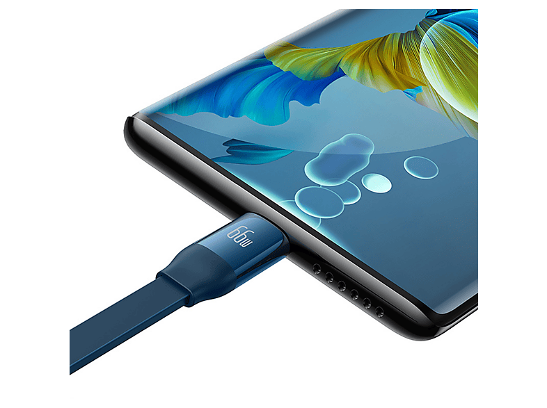 Cable USB - Baseus 3-en-1 Bright Mirror, 66W, retráctil, Carga rápida multidispositivo, USB-C a USB-C-Lightning-Micro, 110 cm, Azul