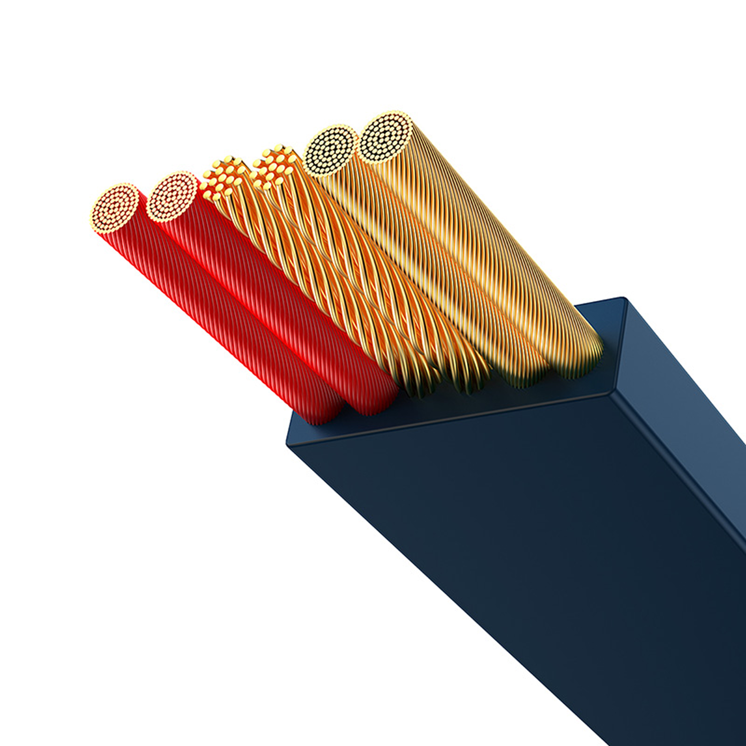 Cable con cables expuestos. Cables rojos, dorados y cobrizos emergen de una carcasa rectangular azul, contra fondo blanco.