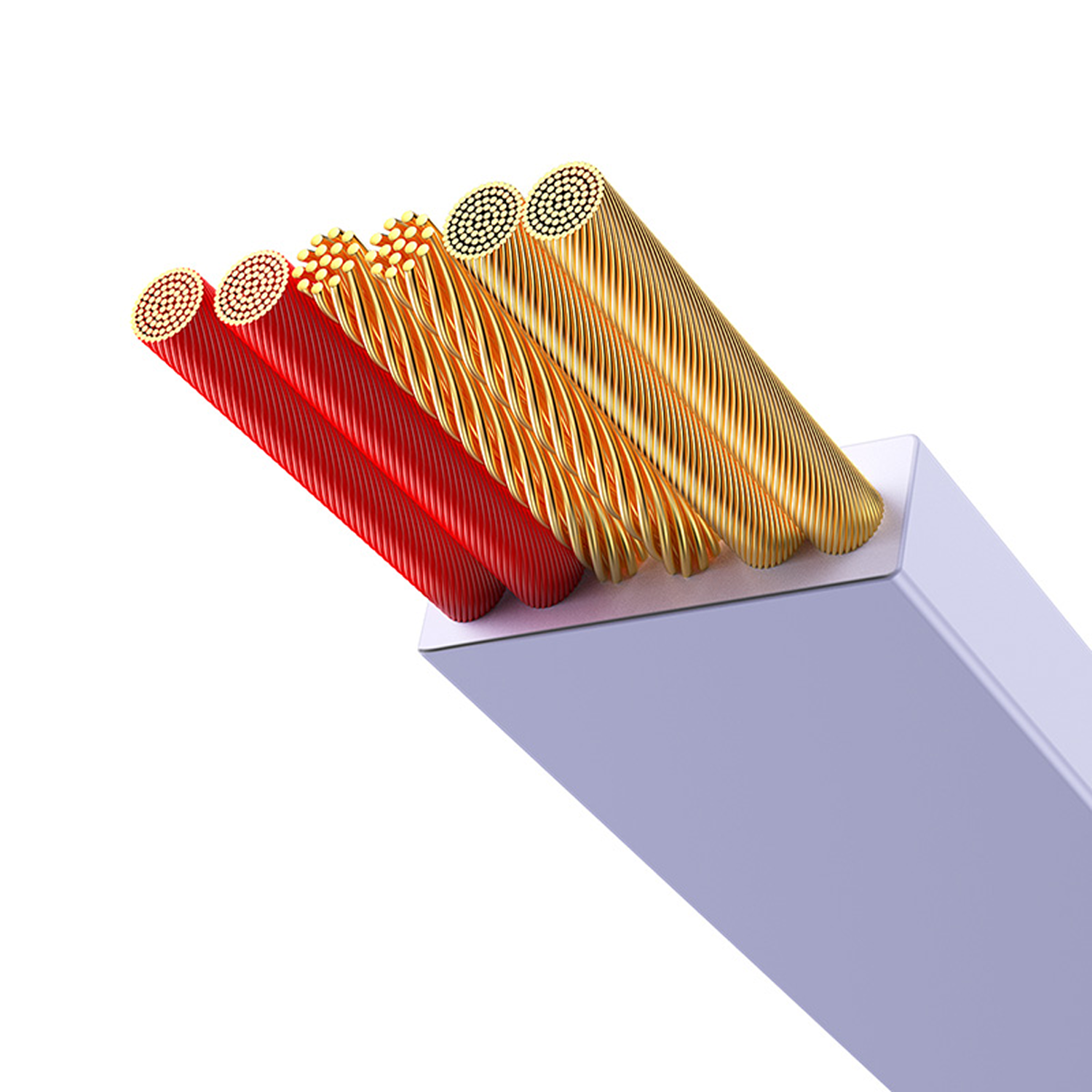 La imagen muestra cables cortados con colores rojo, dorado y cobre. Los cables están sobre una superficie gris sobre un fondo blanco.