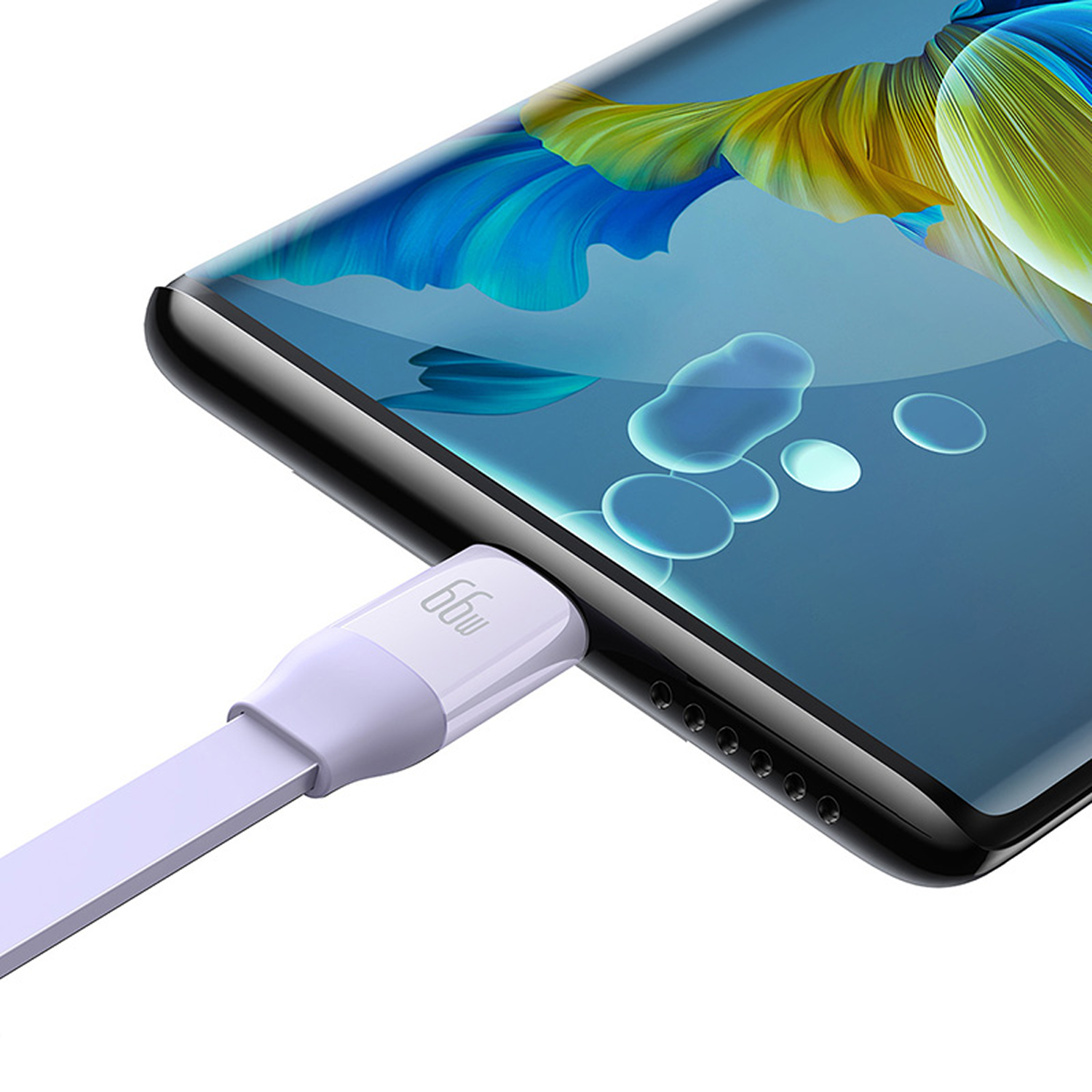 Un teléfono se está cargando con un cable blanco. La pantalla del teléfono muestra un diseño azul y amarillo. El cargador muestra 66 W.