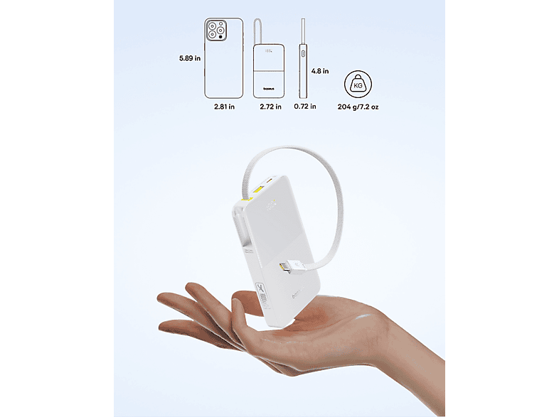 Powerbank - Baseus EnerFill Bipow2 Pro, 10000mAh, 22.5W, Cable retráctil, Carga simultánea ultrarrápida, USB-C, Blanco – imagen 3