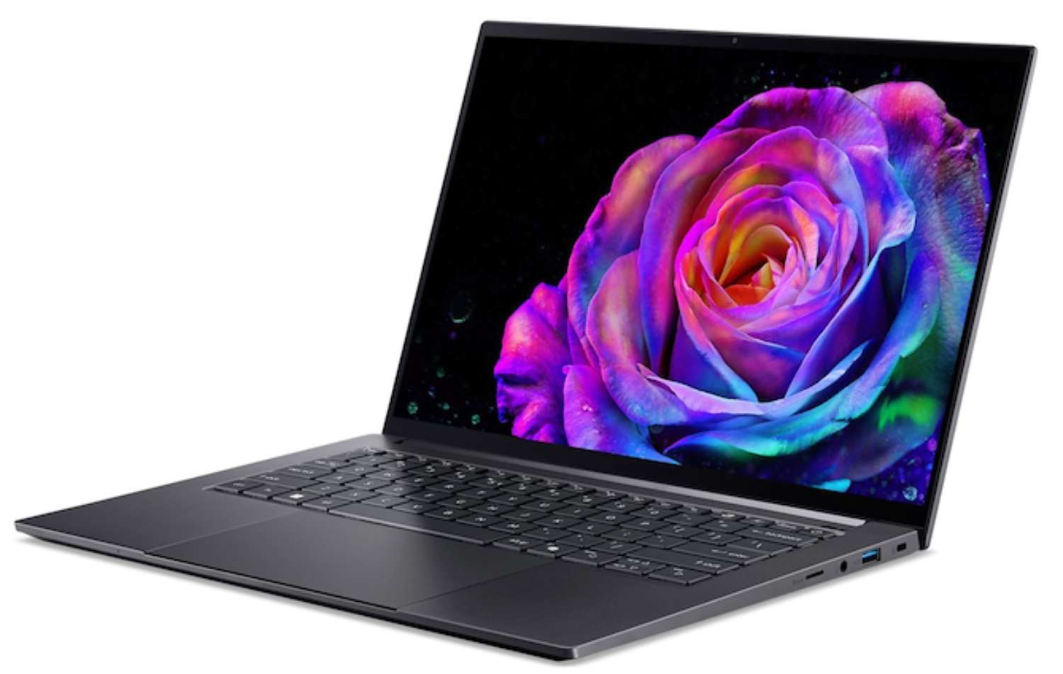 Un portátil está en ángulo a la derecha. La pantalla muestra una rosa colorida sobre un fondo negro. El portátil es gris.