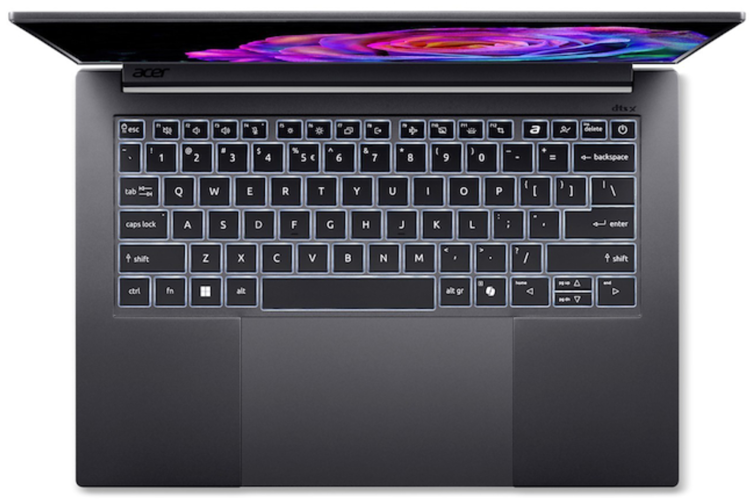 Vista superior de un portátil. El teclado está iluminado. La pantalla está abierta, mostrando un patrón colorido.