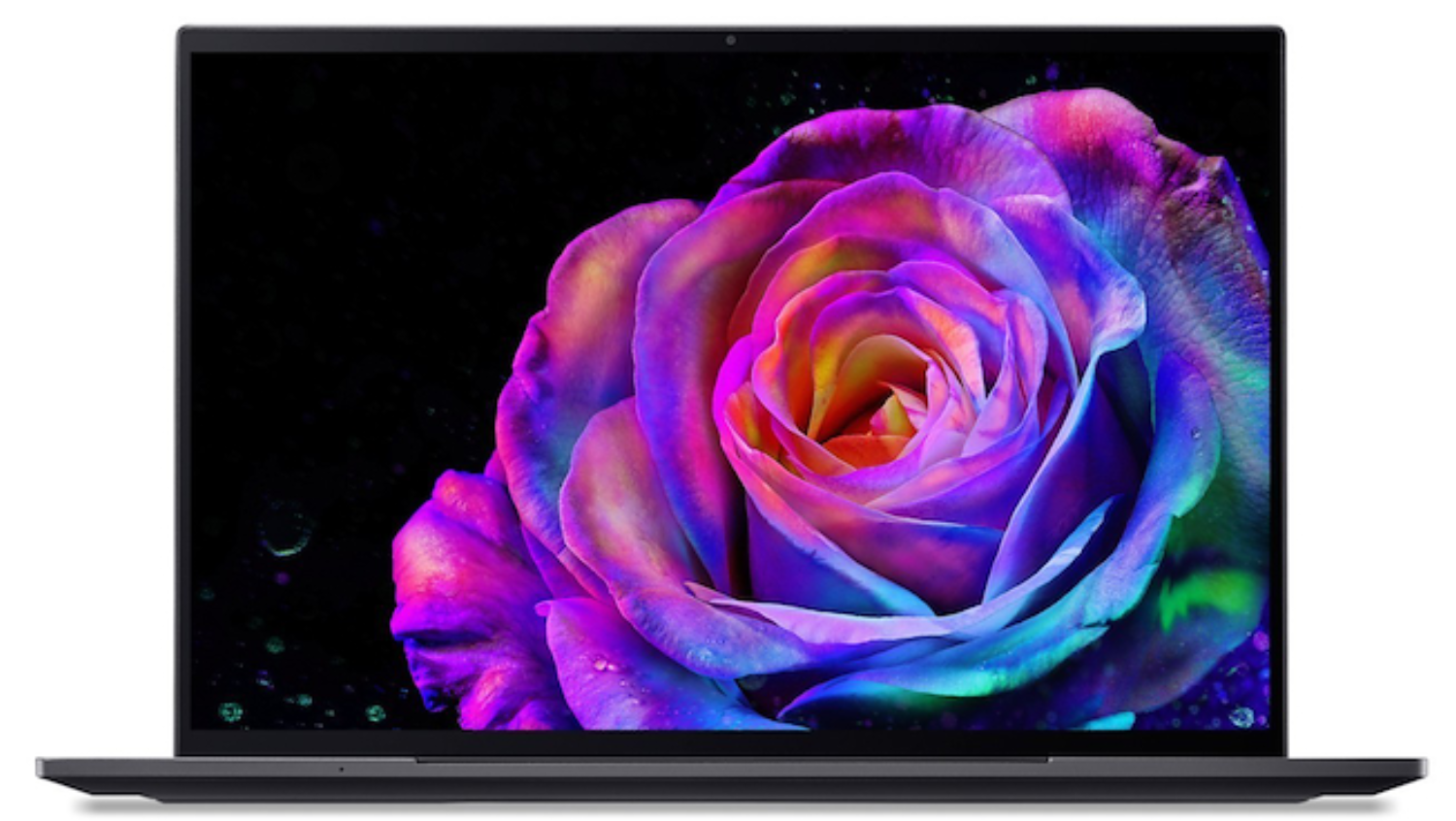 Pantalla de portátil mostrando una vibrante rosa multicolor sobre un fondo negro. La rosa tiene tonos morados, azules y amarillos.