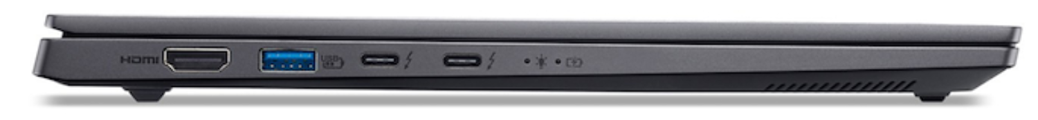 Vista lateral de un portátil oscuro. Los puertos incluyen HDMI, USB y USB-C. La parte inferior tiene ventilaciones y patas pequeñas.