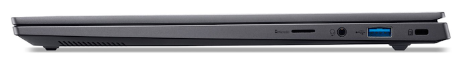 Vista lateral de un portátil gris oscuro que muestra puertos. Incluye USB, conector de auriculares, ranura para tarjetas SD y un símbolo de candado.