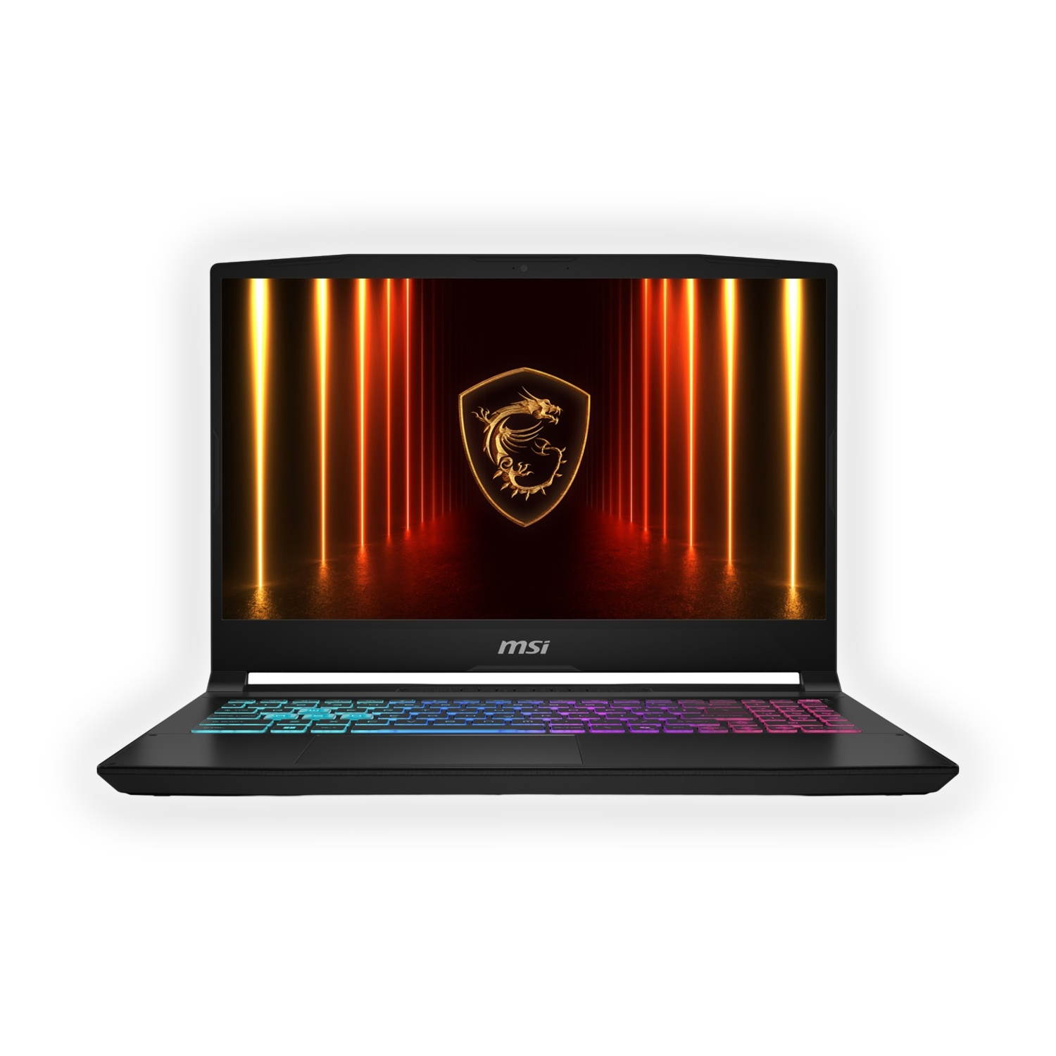 Laptop gaming MSI. Lo schermo mostra il logo del drago dorato con linee arancioni e gialle. La tastiera ha luci arcobaleno.
