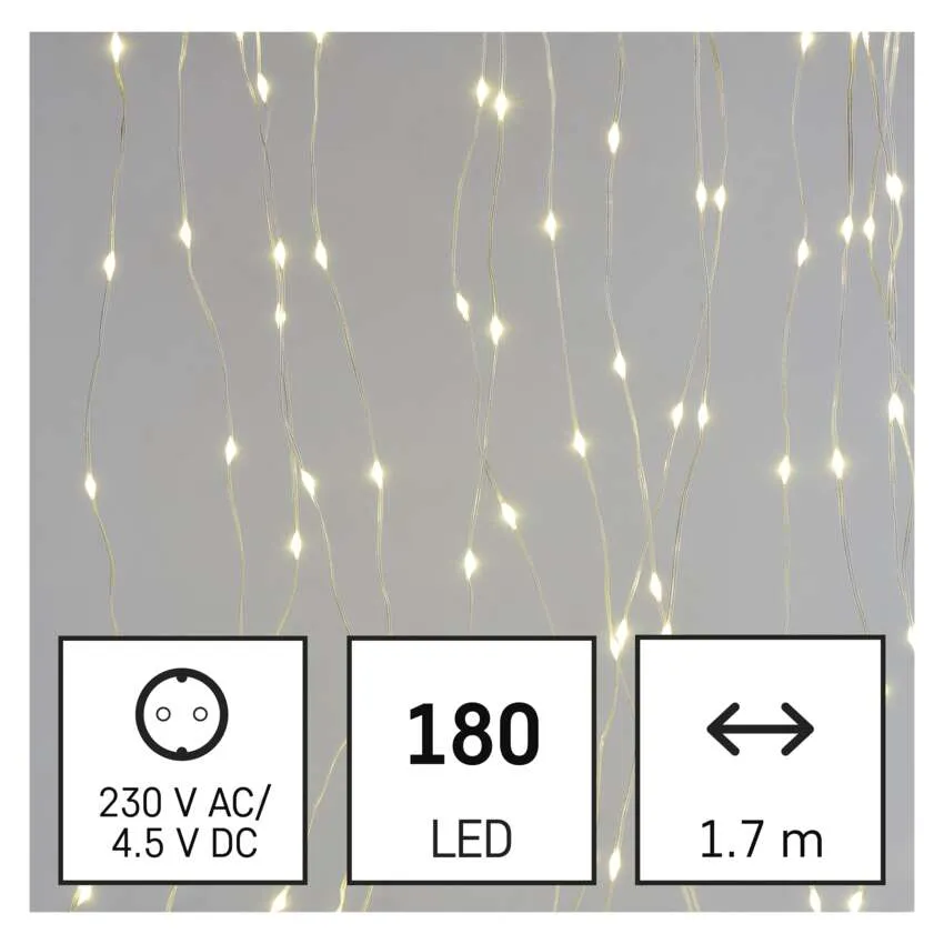 180 LED-es, 1,7 m hosszú füzérfény. Feszültség- és DC-információkat jelenít meg. Fehér háttér.