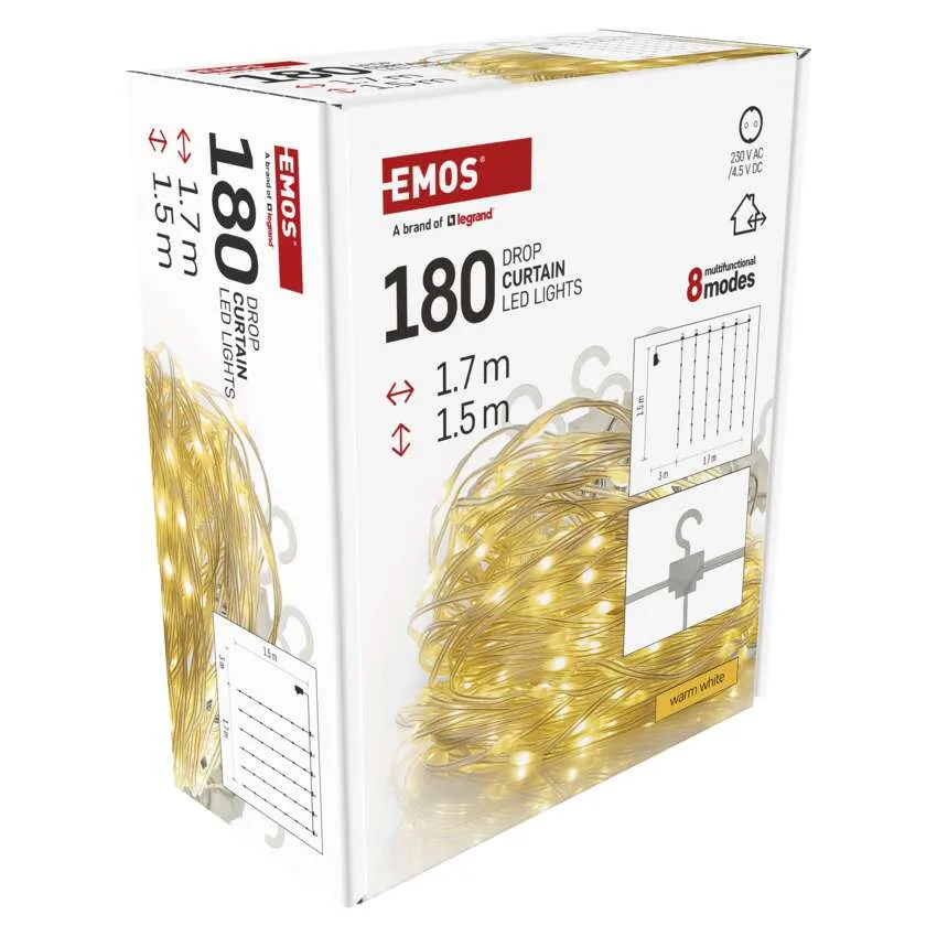 EMOS csepp függöny LED-es lámpák doboza. 180 lámpája van, mérete 1,7m x 1,5m, és 8 mód. Meleg fehér lámpák láthatók.