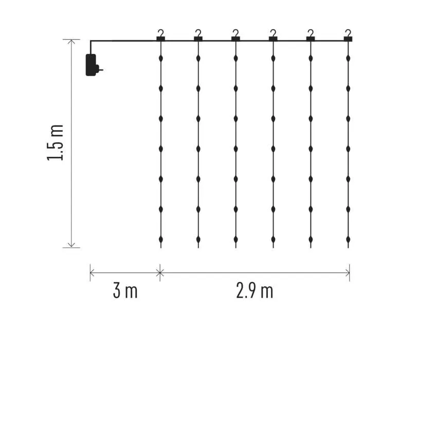 Diagram, amely egy sor lámpát mutat, amelyek egy vízszintes vonalról vannak felfüggesztve. Méretek: 1,5 m magas és 3 m + 2,9 m széles.
