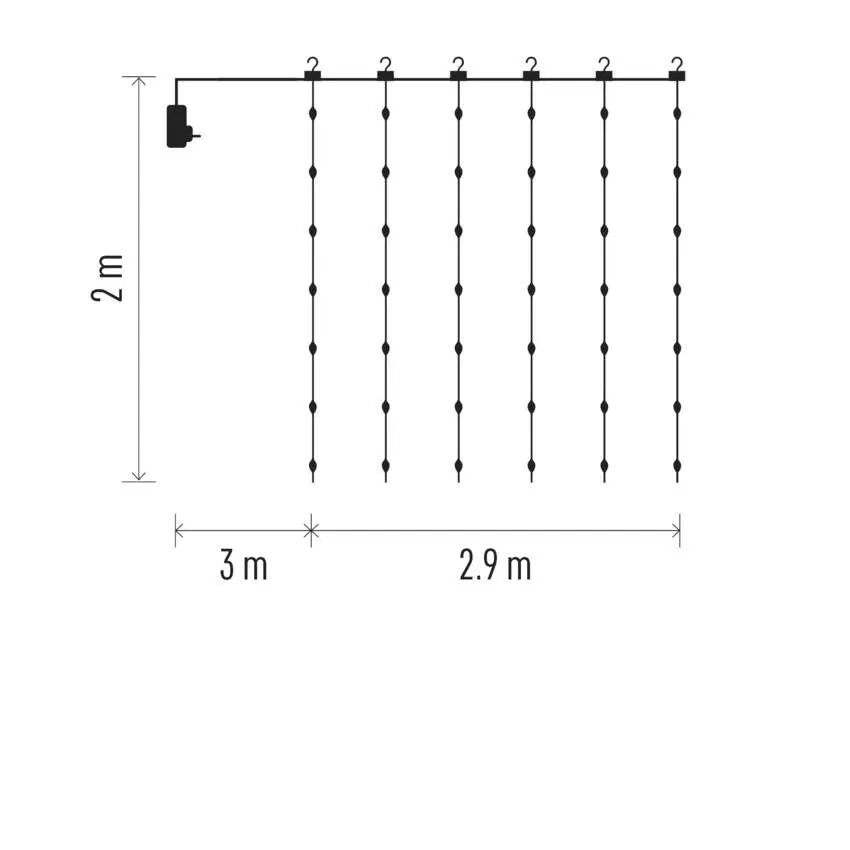 Diagram függőleges vonalakkal, pontokkal, 2 m magas és 2,9 m széles felirattal, 3 m-es szakasszal. A számok jelölik a vonalakat.