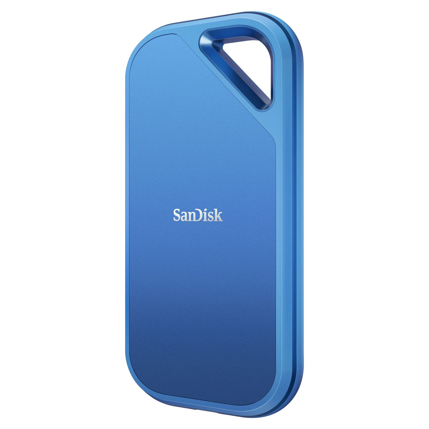 Un disco duro externo SanDisk azul con asa en la parte superior. El disco tiene superficie lisa y efecto degradado.
