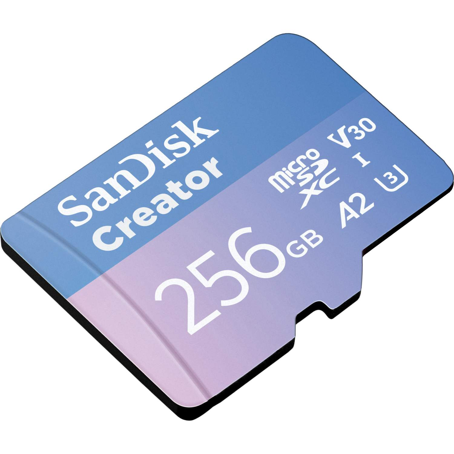 Una tarjeta microSD SanDisk Creator azul y morada de 256 GB. Detalles incluyen V30, A2 y micro SDXC.