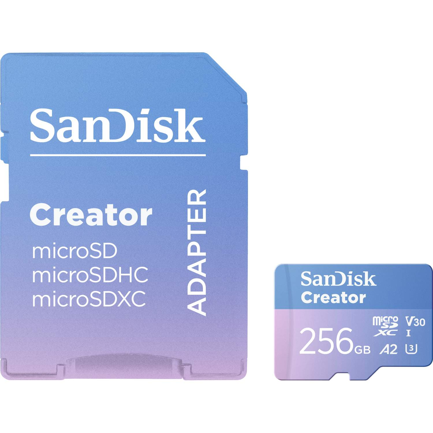La imagen muestra una tarjeta microSD Sandisk Creator y un adaptador. La tarjeta es azul con texto blanco, y el adaptador es más pequeño.