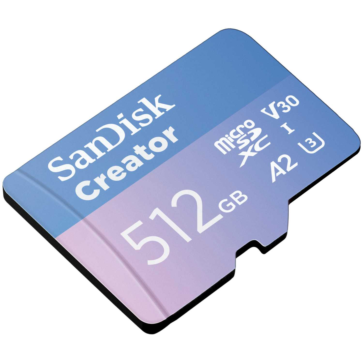 Una tarjeta microSD SanDisk Creator de 512 GB azul y morada. Muestra la capacidad, velocidad y otras especificaciones.