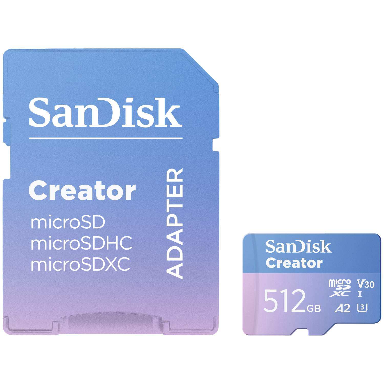 Una tarjeta microSD Sandisk Creator azul y un adaptador. La tarjeta muestra '512GB' y 'V30'. El adaptador está etiquetado como 'ADAPTER'.
