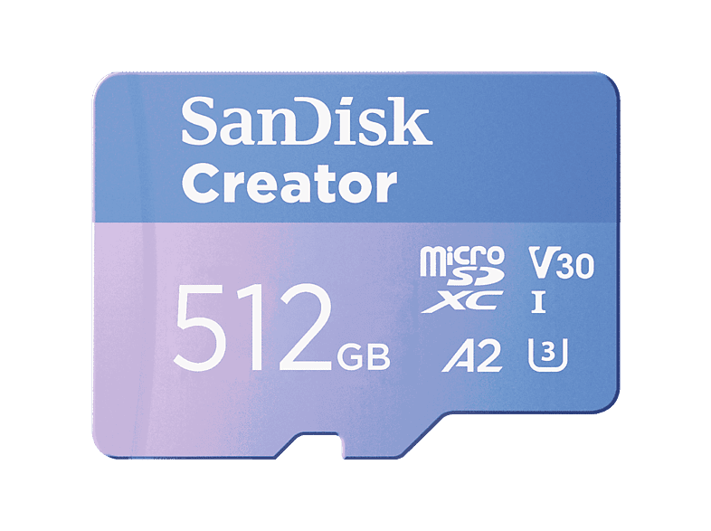Tarjeta Micro SDXC - Sandisk Creator microSD UHS-I 512 GB, con adaptador, Hasta 190 MB/s, 4K y 5.3K, V30, A2, Azul