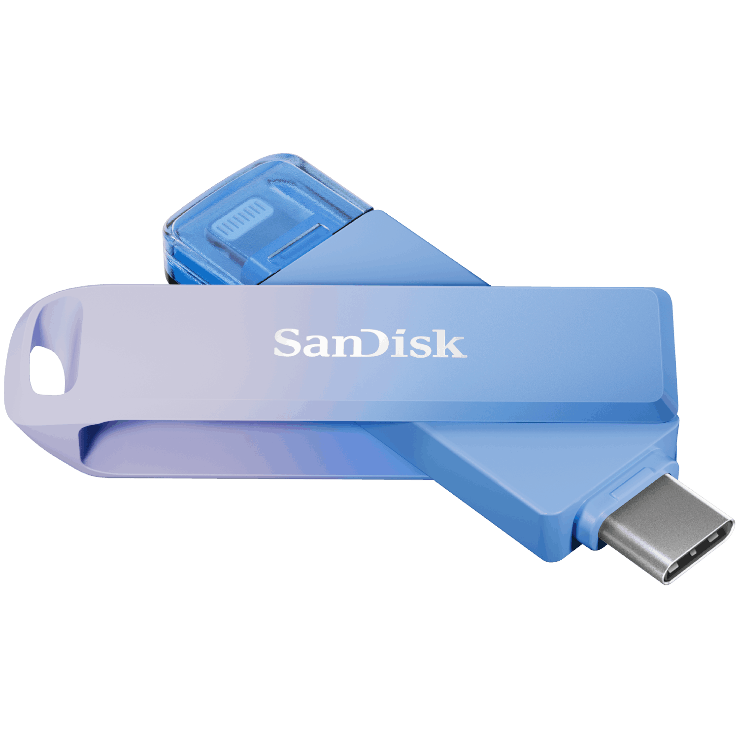 Una unidad flash USB SanDisk azul y blanca, con un conector USB-C plateado, sobre un fondo negro.