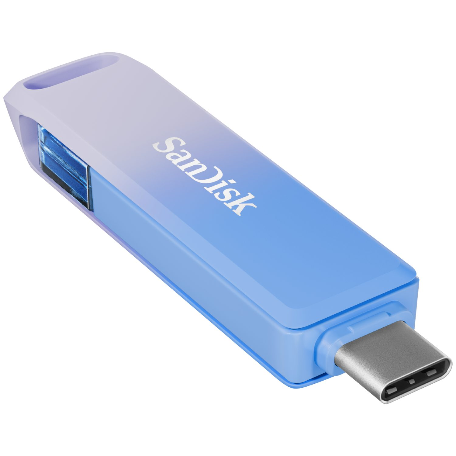 Una unidad flash USB-C SanDisk azul y morada sobre un fondo blanco. La unidad flash está en una posición inclinada.