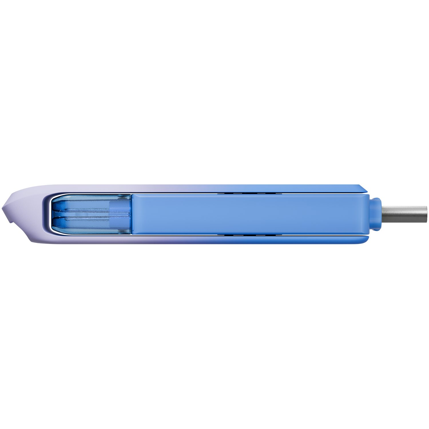 Una unidad USB azul y blanca con un conector plateado sobre fondo blanco.
